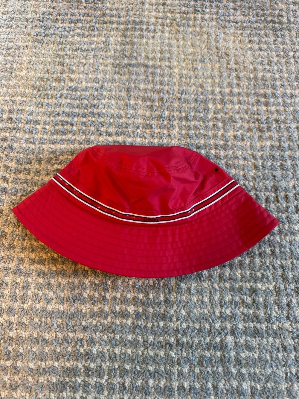 Supreme Red Bucket Hat with Black-and-White Stripe